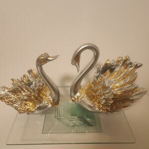 Set of 2 Swan Sculptures Silver Gold Rhinestone